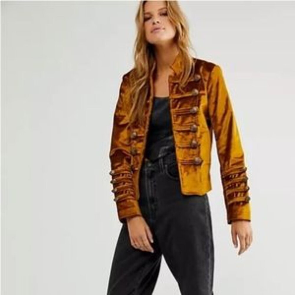 Free People Military Gold Orange Yellow Velvet MilitaryJacket Size Medium M - Picture 3 of 10